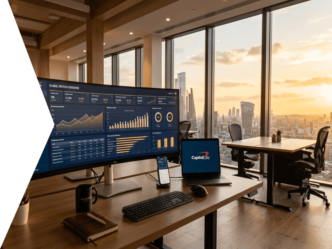 Modern office workspace with financial dashboard and analytics screens - Alpha Tech Solutions