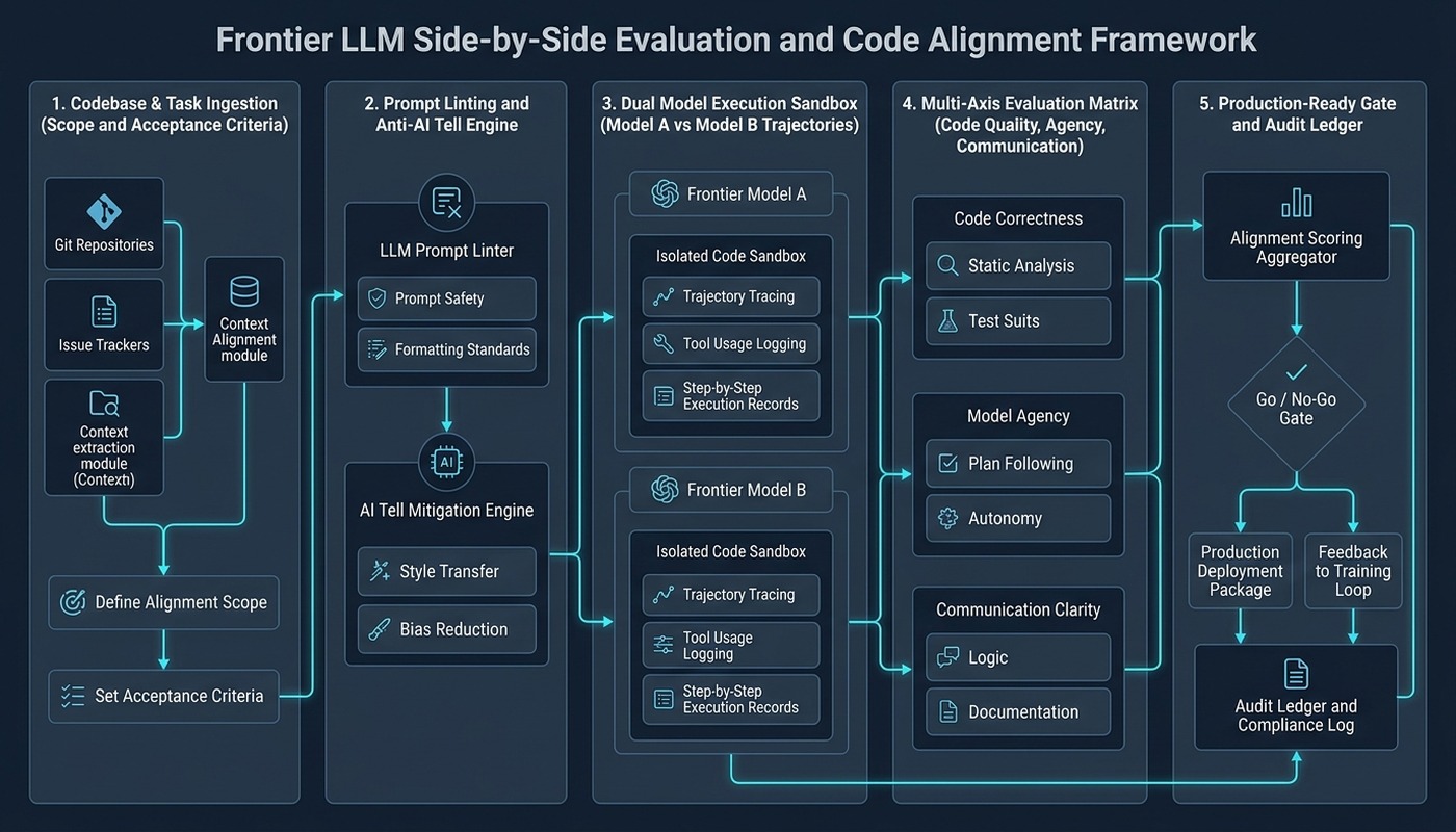 Frontier LLM Side-by-Side Evaluation & Code Alignment Framework: Frontier LLM Evaluation & Code Alignment system overview