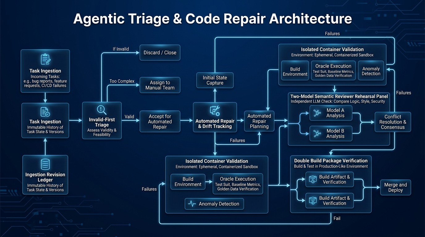 Intelligent Agentic Triage & Code Repair Framework: LLM Evaluation & Agentic Triage system overview