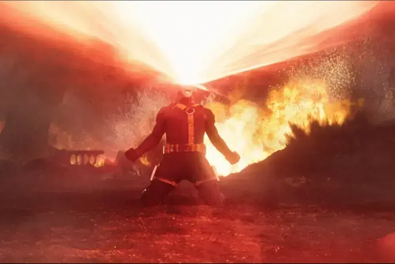 Cyclops opening his eyes for a full red laser attack in Avengers: Doomsday.