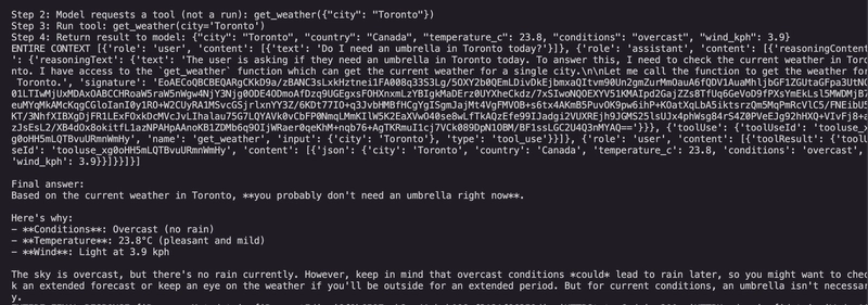 Terminal output of the one-tool run: the code runs get_weather and returns the real conditions as JSON (Toronto, overcast, 23.8C, wind 3.9 kph), then the model's final answer says you probably don't need an umbrella right now because it's overcast with no rain